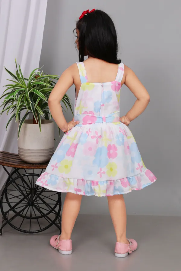 White_Linen_Floral_Print_Fit_And_Flare_Dress_For_Girls