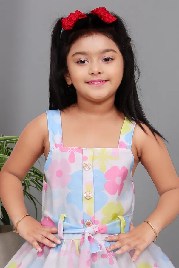 White_Linen_Floral_Print_Fit_And_Flare_Dress_For_Girls
