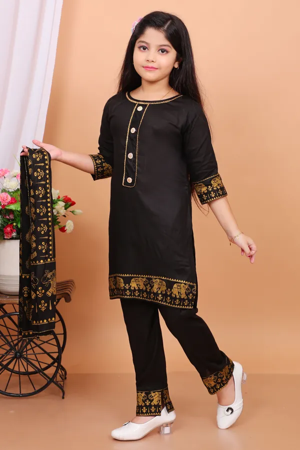 Black_Rayon_Embroidered_Kurta_And_Dupatta_Set_For_Girls