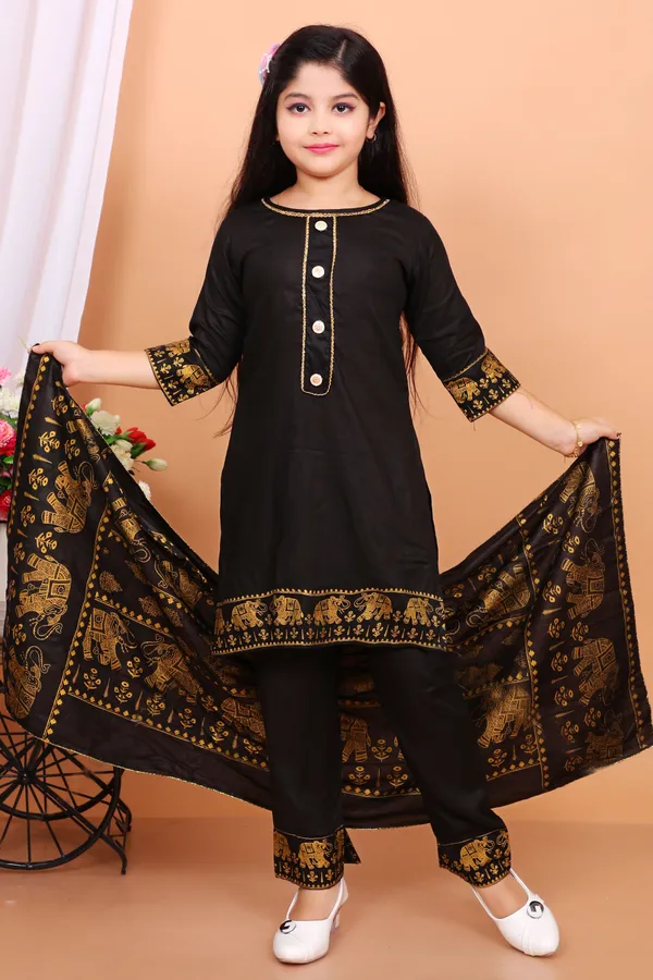 Black_Rayon_Embroidered_Kurta_And_Dupatta_Set_For_Girls