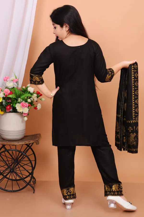 Black_Rayon_Embroidered_Kurta_And_Dupatta_Set_For_Girls