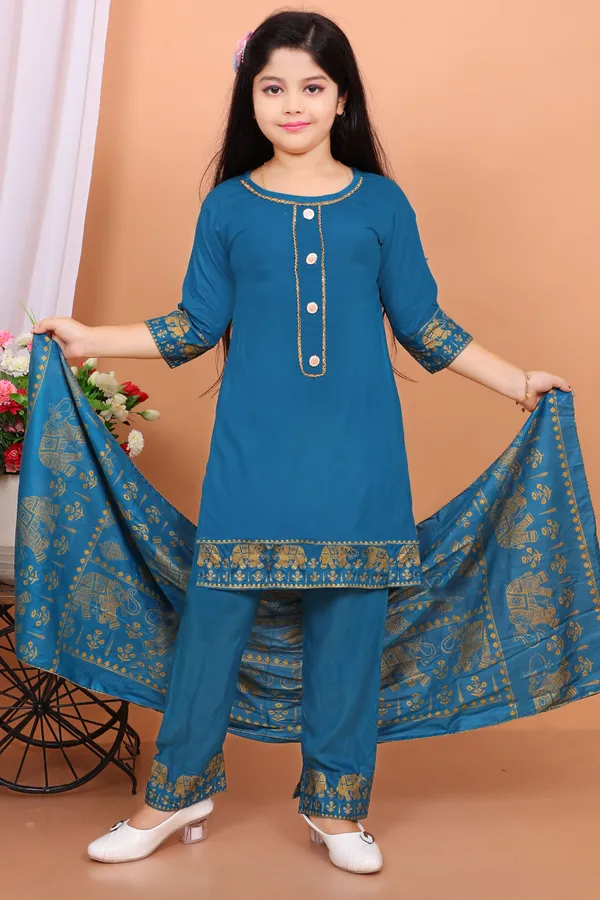Peacock_Blue_Rayon_Embroidered_Kurta_And_Dupatta_Set_For_Girls