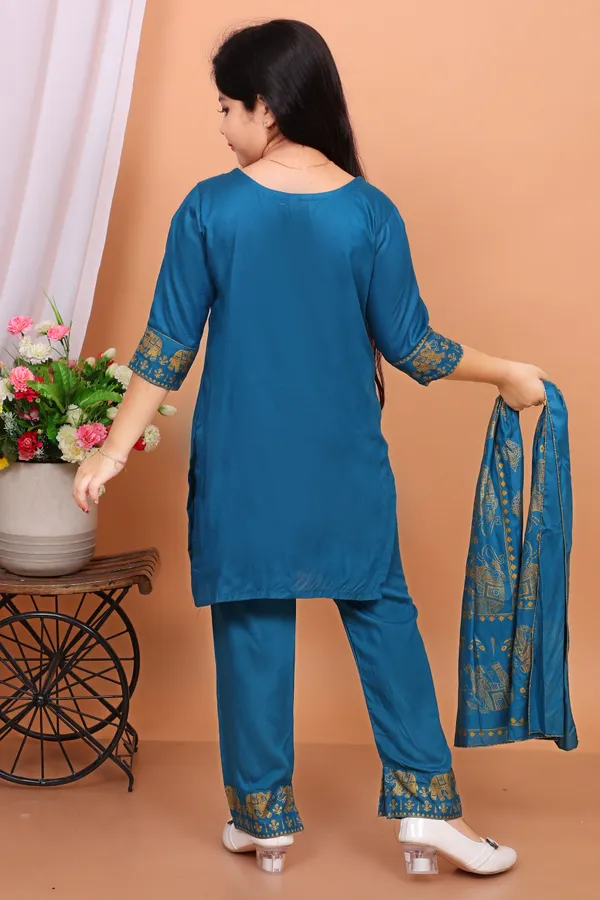 Peacock_Blue_Rayon_Embroidered_Kurta_And_Dupatta_Set_For_Girls