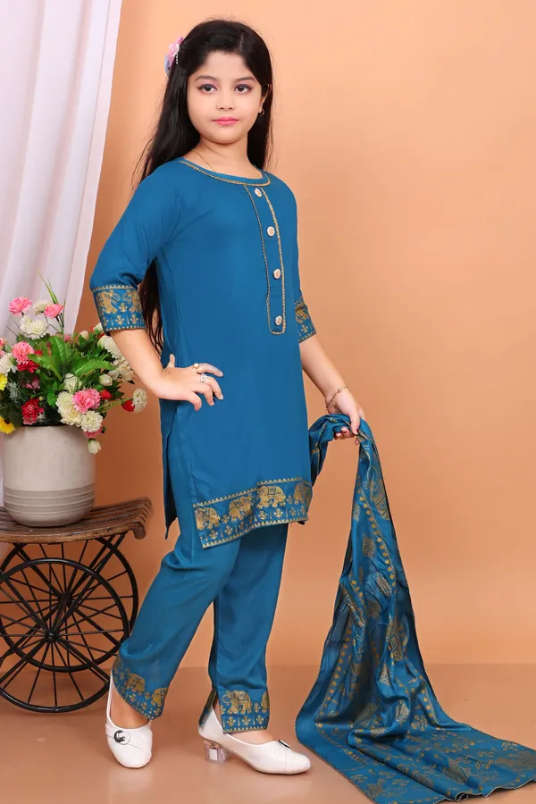 Peacock_Blue_Rayon_Embroidered_Kurta_And_Dupatta_Set_For_Girls