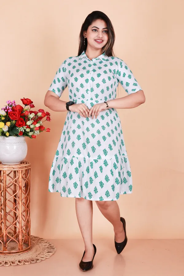 Light_Green_Cotton_Blend_Solid_Printed_Midi_Dress_For_Women