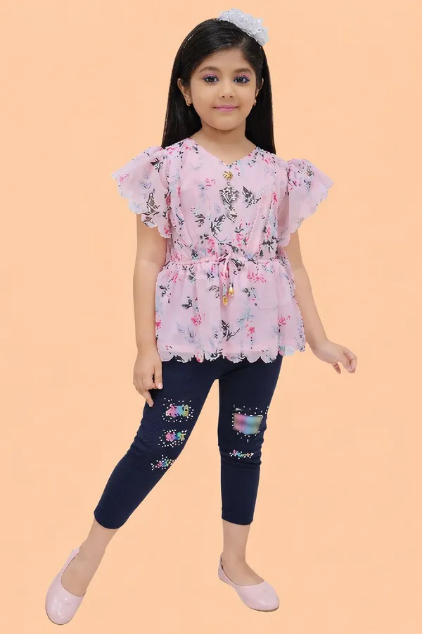 Peach_Chiffon_Floral_Print_Tunic_For_Girls