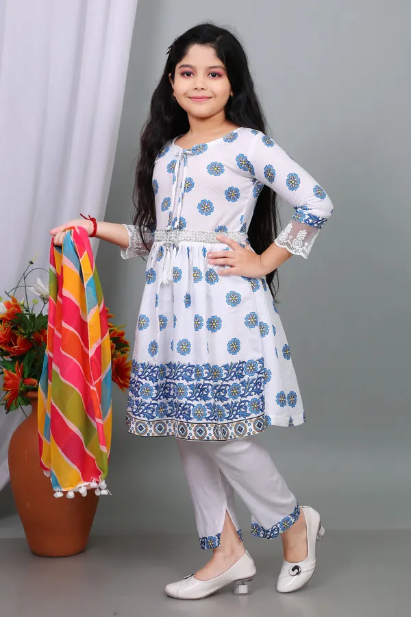 Aqua_Blue_Pure_Cotton_Floral_Print_Kurta_Pyjama_And_Dupatta_Set_For_Girls