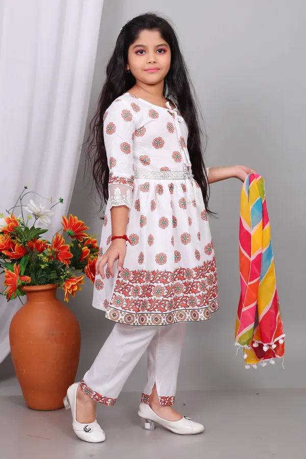 Orange_Pure_Cotton_Floral_Print_Kurta_Pyjama_And_Dupatta_Set_For_Girls