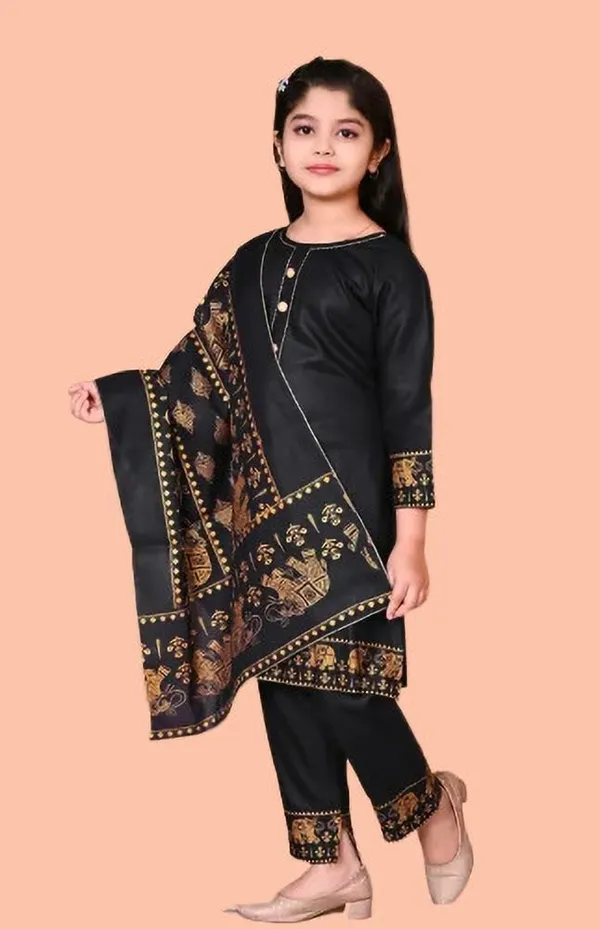 Black_Rayon_Printed_Kurta_Pyjama_And_Dupatta_Set_For_Girls