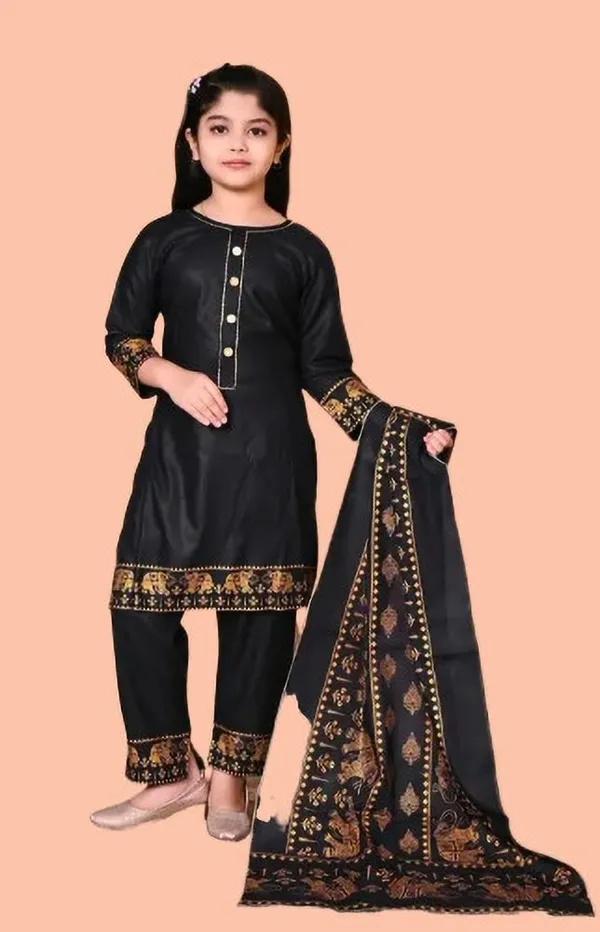 Black_Rayon_Printed_Kurta_Pyjama_And_Dupatta_Set_For_Girls