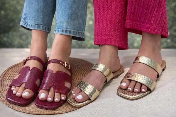Gold_Faux_Leather_Premium_Flats_And_Maroon_Faux_Leather_Premium_Slides_For_Women_Pack_Of_2