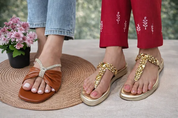 Golden_Faux_Leather_Premium_Wedges_And_Brown_Faux_Leather_Premium_Flats_For_Women_Pack_Of_2