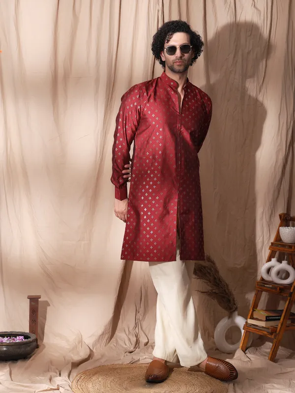 Red_Cotton_Cuffed_Sleeve_Straight_Fit_Kurta_For_Men