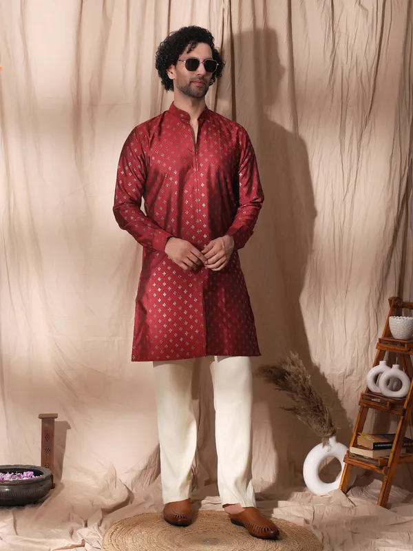 Red_Cotton_Cuffed_Sleeve_Straight_Fit_Kurta_For_Men
