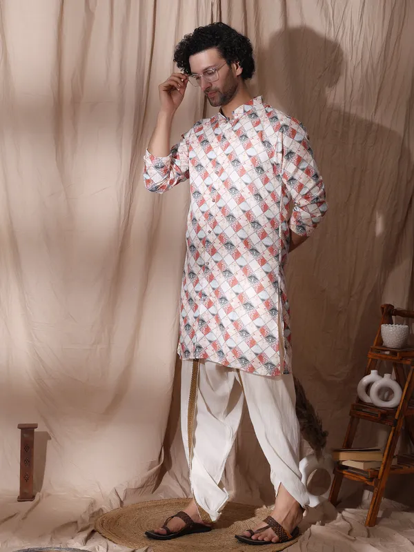 White_Cotton_Geometric_Print_Detailed_Straight_Fit_Kurta_For_Men
