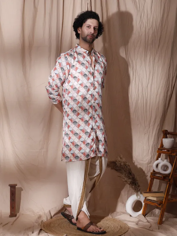 White_Cotton_Geometric_Print_Detailed_Straight_Fit_Kurta_For_Men