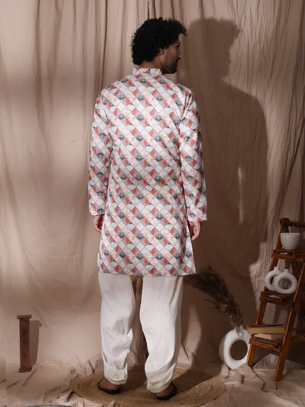 White_Cotton_Geometric_Print_Detailed_Straight_Fit_Kurta_For_Men