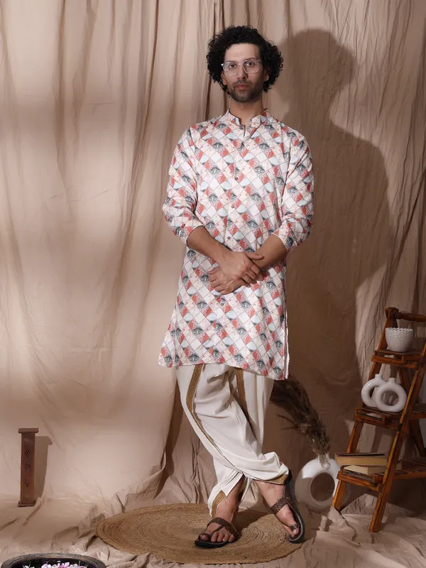 White_Cotton_Geometric_Print_Detailed_Straight_Fit_Kurta_For_Men