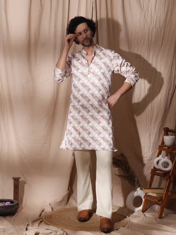 White_Cotton_Placket_Detailed_Printed_Kurta_For_Men