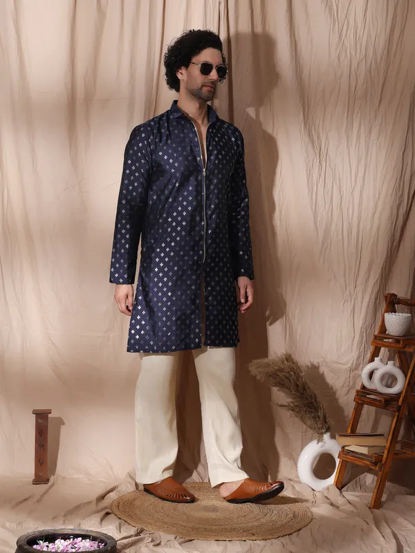 Blue_Cotton_Collared_Kurta_With_Zipper_Detailing_For_Men