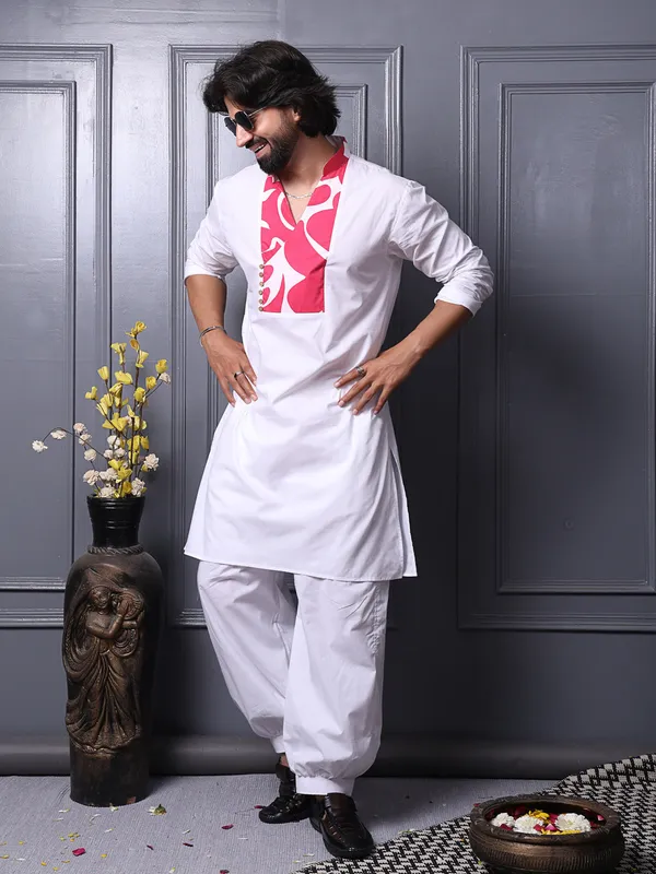White_Cotton_Long_Kurta_With_Printed_Yoke_Design_For_Men