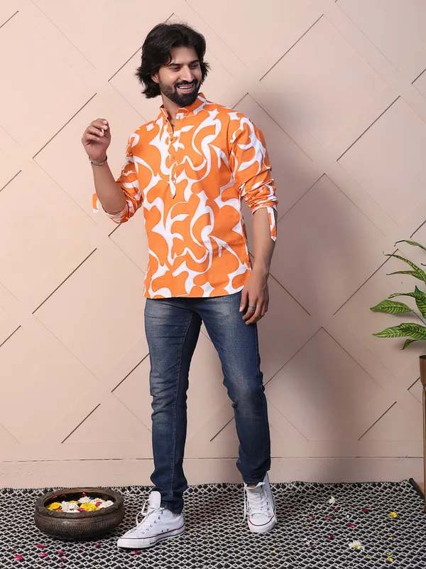 Orange_Cotton_Printed_Shirt_With_High_Low_Hem_For_Men
