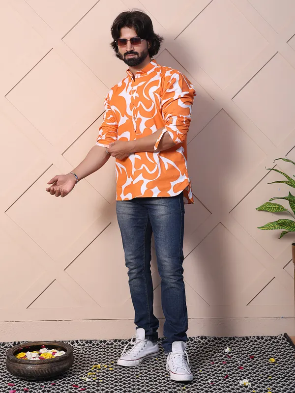 Orange_Cotton_Printed_Shirt_With_High_Low_Hem_For_Men