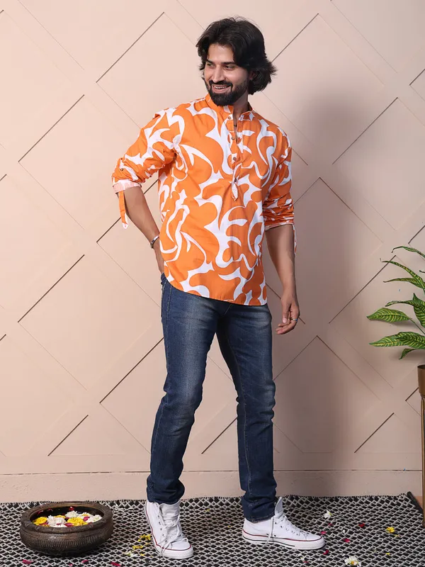 Orange_Cotton_Printed_Shirt_With_High_Low_Hem_For_Men