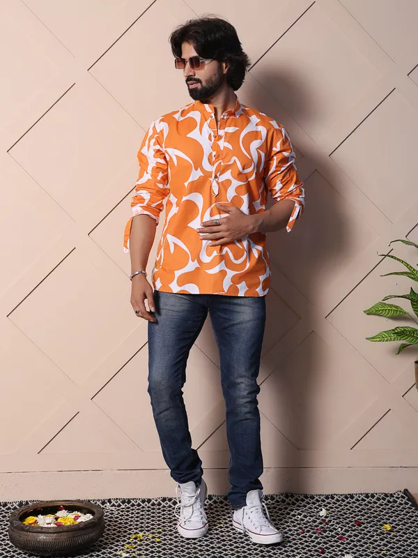 Orange_Cotton_Printed_Shirt_With_High_Low_Hem_For_Men