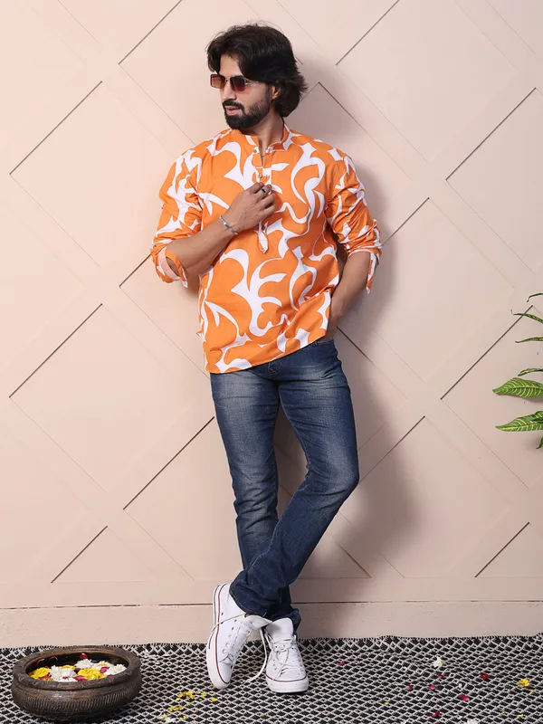 Orange_Cotton_Printed_Shirt_With_High_Low_Hem_For_Men