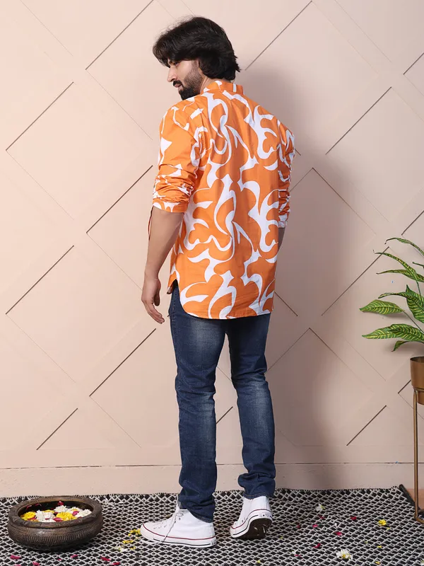 Orange_Cotton_Printed_Shirt_With_High_Low_Hem_For_Men