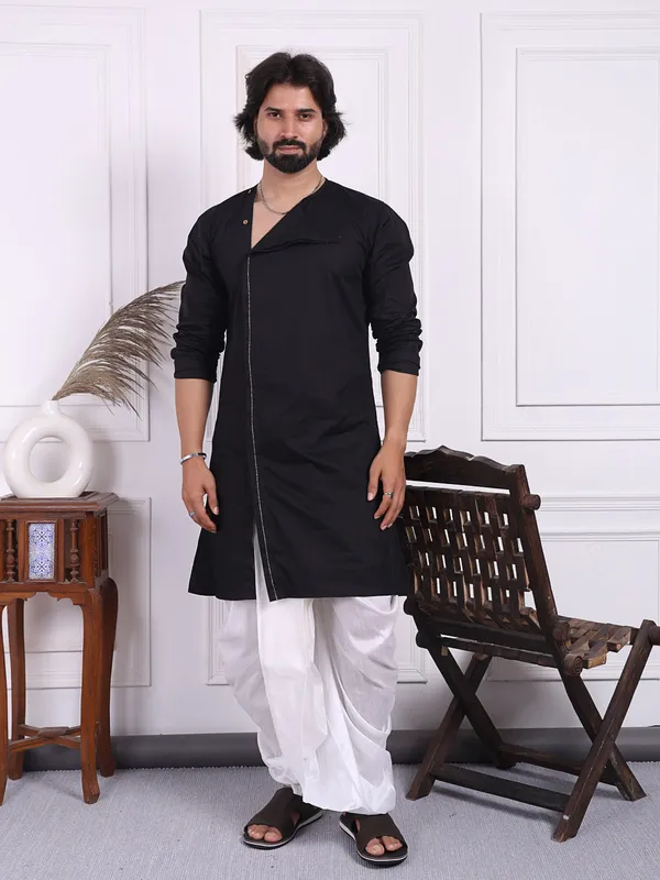 Black_Cotton_Kurta_In_Angrakha_Style_For_Men_For_Men