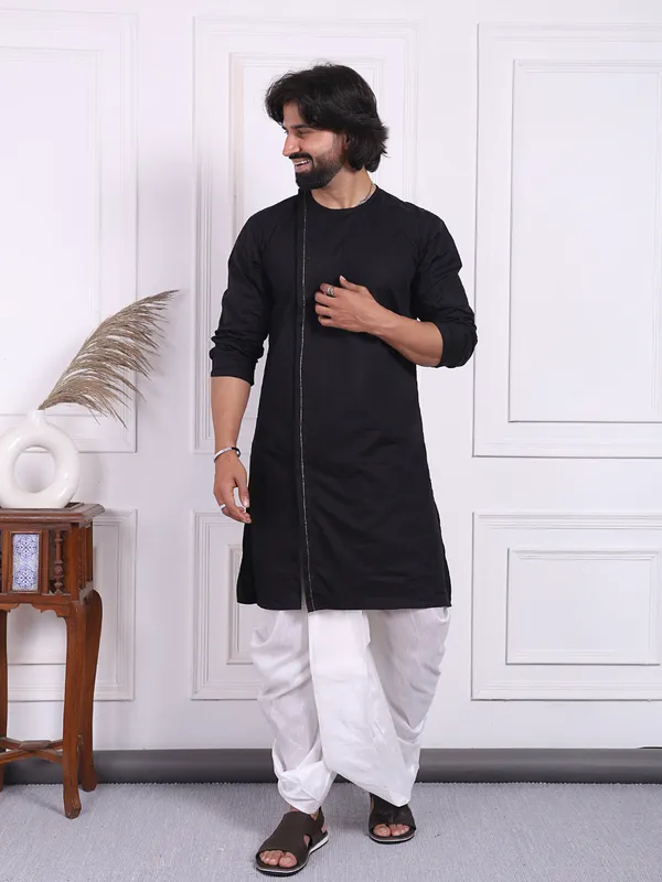 Black_Cotton_Kurta_In_Angrakha_Style_For_Men_For_Men