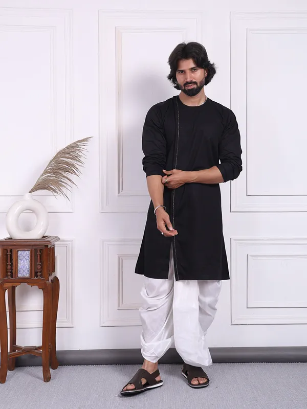 Black_Cotton_Kurta_In_Angrakha_Style_For_Men_For_Men