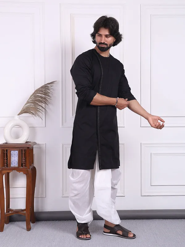 Black_Cotton_Kurta_In_Angrakha_Style_For_Men_For_Men