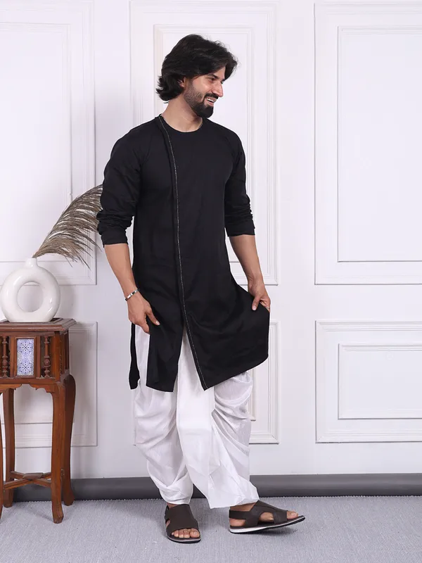 Black_Cotton_Kurta_In_Angrakha_Style_For_Men_For_Men