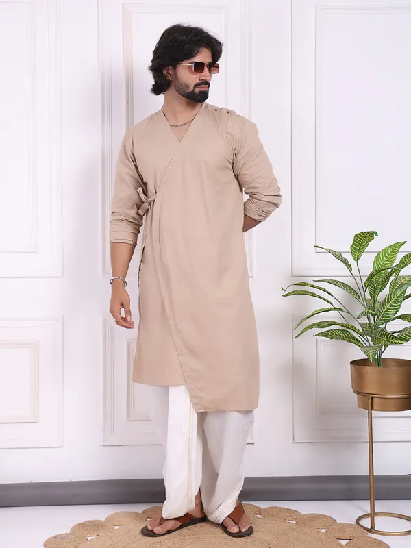 Peach_Cotton_Layered_Kurta_With_V_Neck_And_Belt_Accent_For_Men