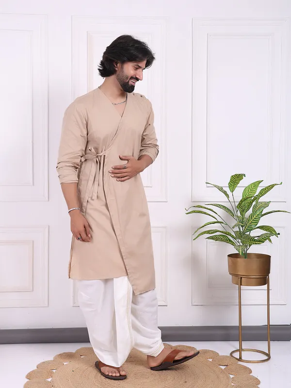 Peach_Cotton_Layered_Kurta_With_V_Neck_And_Belt_Accent_For_Men