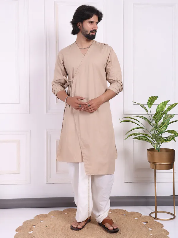 Peach_Cotton_Layered_Kurta_With_V_Neck_And_Belt_Accent_For_Men