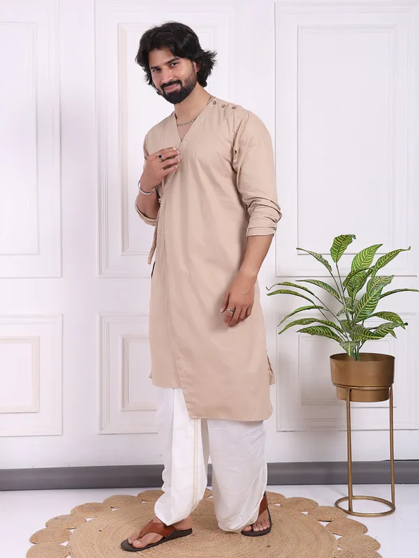 Peach_Cotton_Layered_Kurta_With_V_Neck_And_Belt_Accent_For_Men