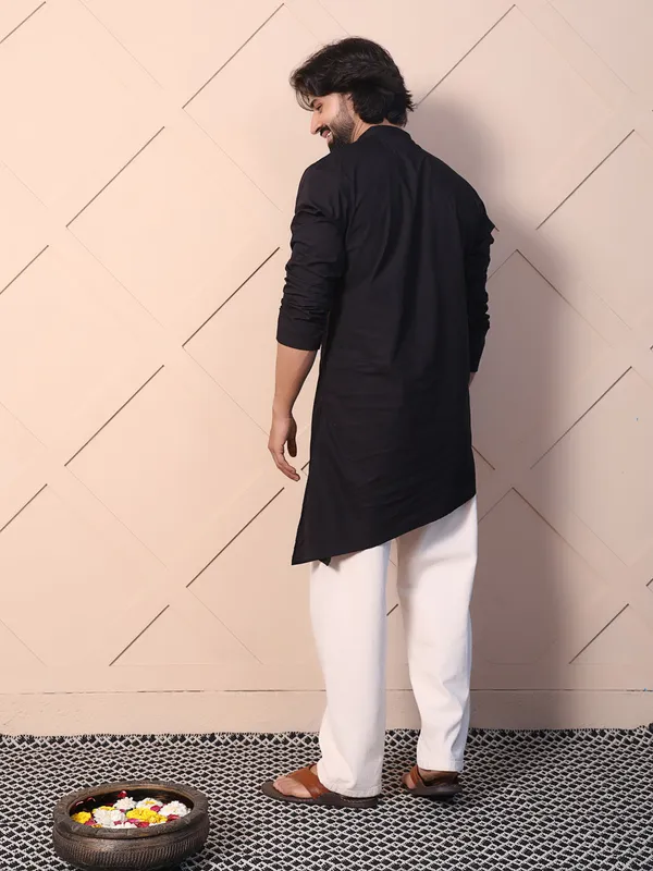 Black_Cotton_Kurta_With_Asymmetrical_Placket_Detailing_For_Men