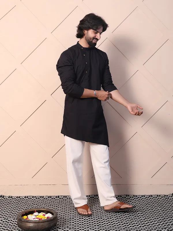 Black_Cotton_Kurta_With_Asymmetrical_Placket_Detailing_For_Men