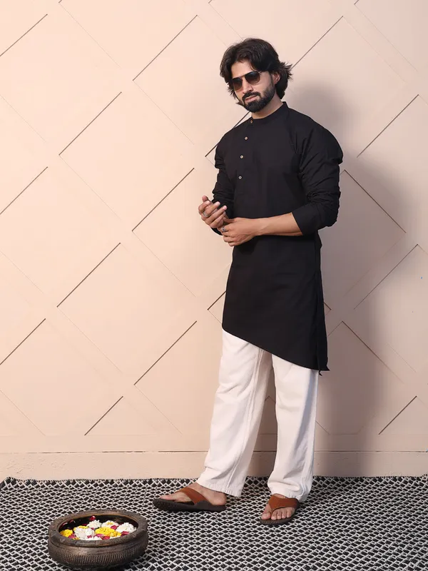 Black_Cotton_Kurta_With_Asymmetrical_Placket_Detailing_For_Men