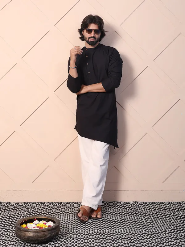Black_Cotton_Kurta_With_Asymmetrical_Placket_Detailing_For_Men