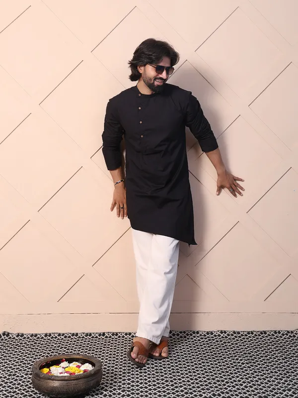 Black_Cotton_Kurta_With_Asymmetrical_Placket_Detailing_For_Men