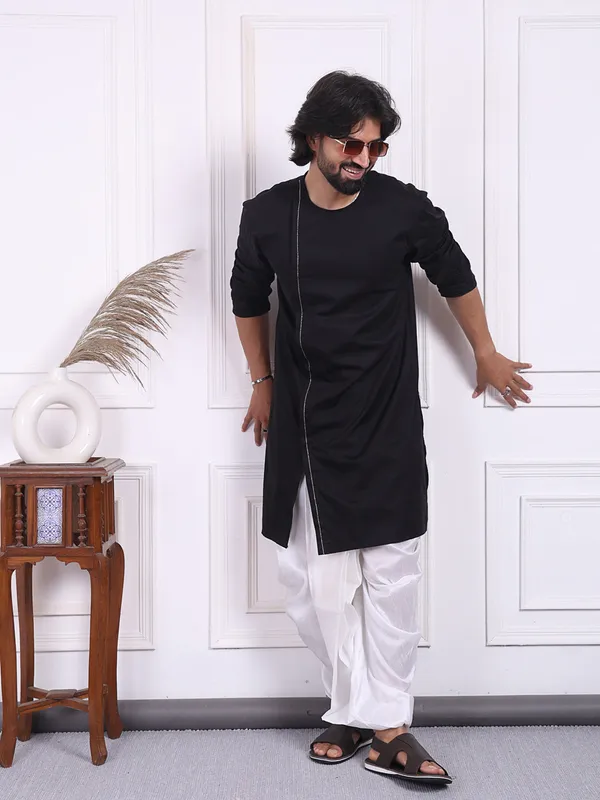 Black_Cotton_Kurta_In_Angrakha_Style_For_Men_For_Men