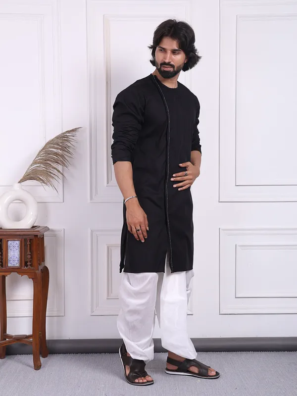Black_Cotton_Kurta_In_Angrakha_Style_For_Men_For_Men