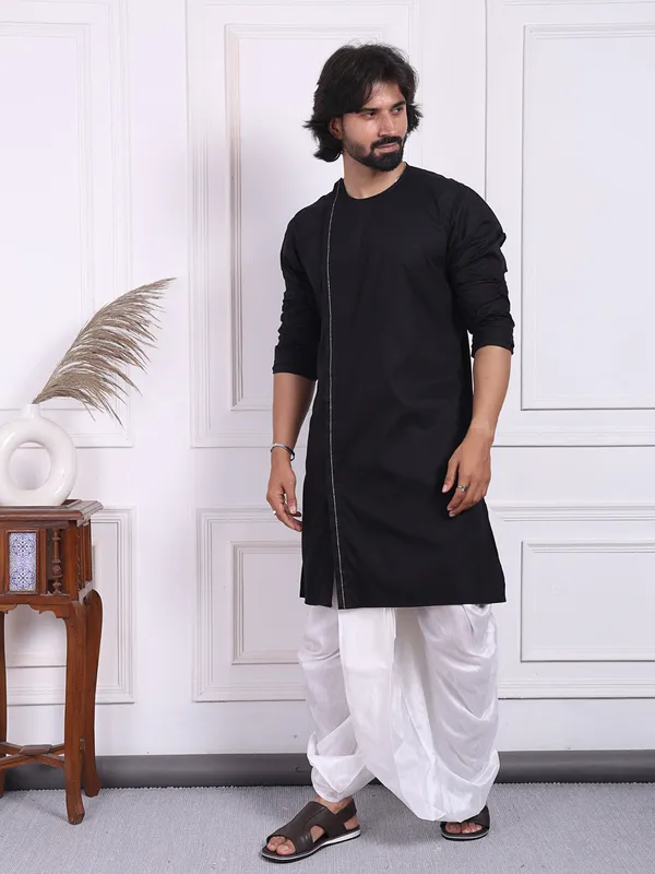 Black_Cotton_Kurta_In_Angrakha_Style_For_Men_For_Men