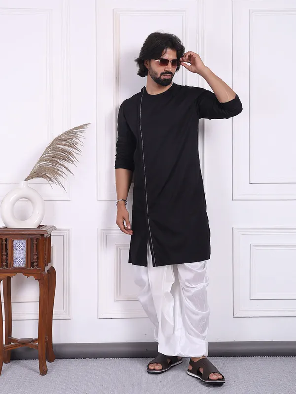 Black_Cotton_Kurta_In_Angrakha_Style_For_Men_For_Men