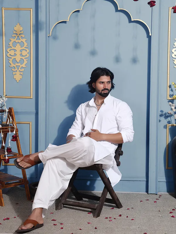 White_Cotton_Cotton_Kurta_With_Golden_Thread_Detailing_For_Men